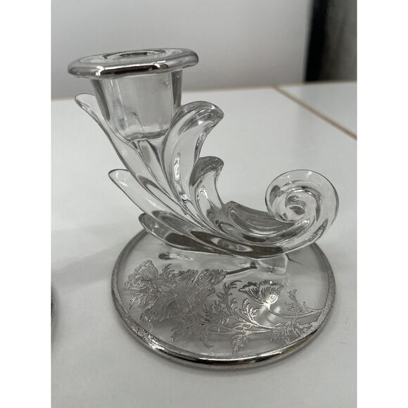 Vintage Set Of 2 Crystal Clear Glass Baroque Candle Holder Single Light Silver‎ - Picture 8 of 11